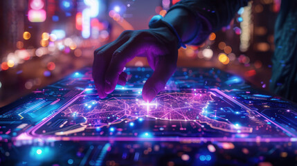 An image featuring a finger pointing at a specific location on a glowing, technological map, indicating futuristic urban navigation