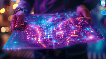 This image shows an individual closely examining an intricate, cybernetic city map, suggestive of advanced technological navigation
