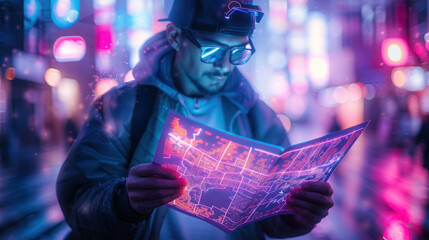 A person stands in a vividly lit urban area, inspecting a glowing map with intricate details