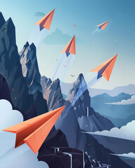 Animated paper planes carrying invoices through obstacles to reach their destination, symbolizing the challenges and triumphs of payment processes - obrazy, fototapety, plakaty
