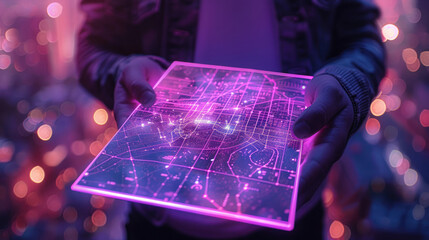 In a futuristic portrayal, a hand showcases a transparent holographic city map against a backdrop of neon lights