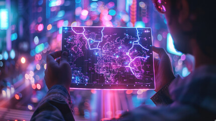 Gazing down, an individual grasps a brightly lit map displaying various global cities in a technologically advanced style