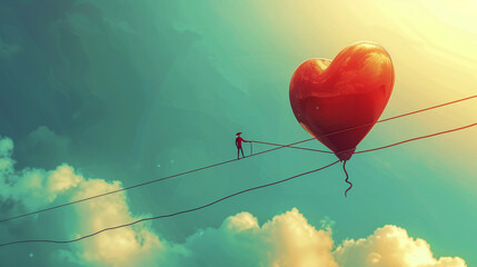 Animated scene of a heart guiding a figure across a tightrope, expertly balancing the demands of work and personal life - obrazy, fototapety, plakaty