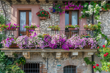 Fototapeta na wymiar Italian Petunia Balcony - Colorful Summer Scene 