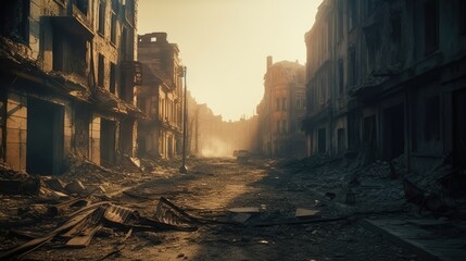 Desolate City Street After Apocalyptic Destruction Generative AI - obrazy, fototapety, plakaty