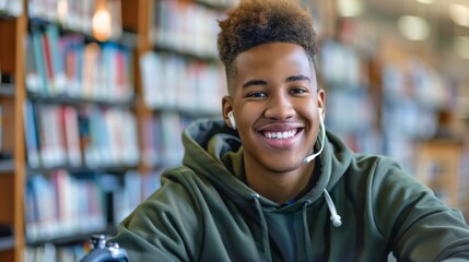 A Smiling Student in the Library - obrazy, fototapety, plakaty