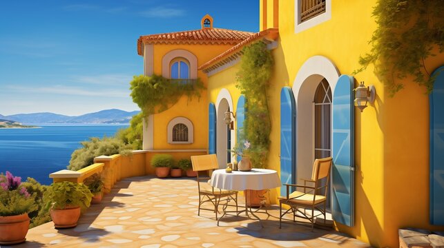 A Mediterranean villa with lemon-yellow walls and terracotta tile roof, overlooking a sparkling azure sea under the warm sun. 