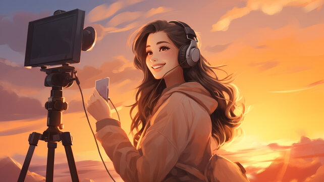 young woman with camera on tripod at sunset