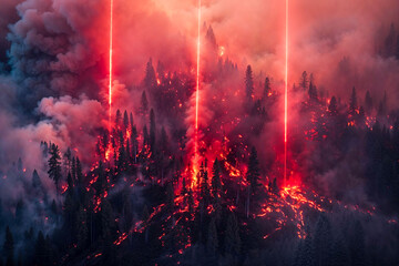 Red laser beams from space firing on forest, science fiction, war, attack, artist's impression