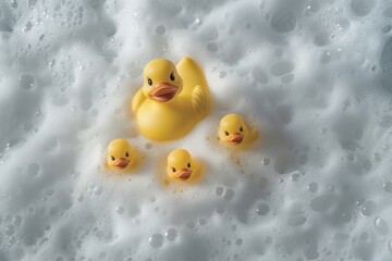 Overhead view of rubber duck and ducklings swimming in foam