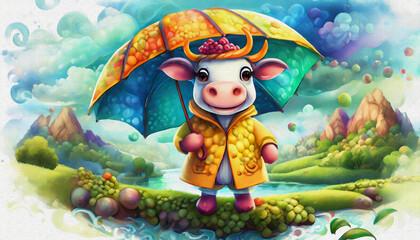 CARTOON CHARACTER CUTE cow in a yellow raincoat holding an umbrella,