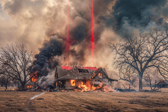 Red laser beams from space firing on rural country house, science fiction, war, alien attack, artist's impression, directed energy weapon
