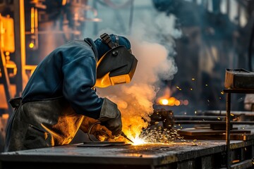 Fototapeta premium Skilled Welder in Protective Gear Working on a Metal Assembly, Depicting Industrial Craftsmanship.