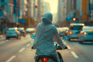Back view of a Muslim woman in hijab riding a scooter through the bustling city traffic