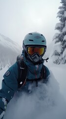 Fototapeta na wymiar Cinematic Skier on Snowy Slope Generative AI