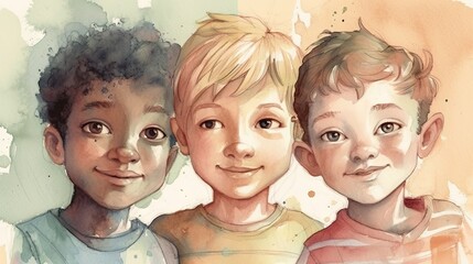 Cheerful and Diverse Children in Watercolor Illustration Generative AI - obrazy, fototapety, plakaty