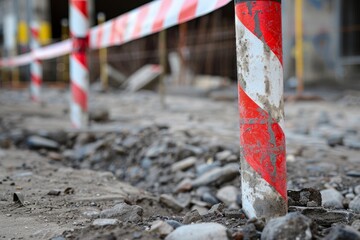 Red and white tape used for fencing protecting from construction sites The Foundation Pit acts as a warning with lines of barrier tape for no entry