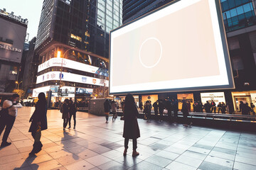A blank logo mockup on a sleek, digital billboard overlooking a bustling city square. 32k, full ultra hd, high resolution