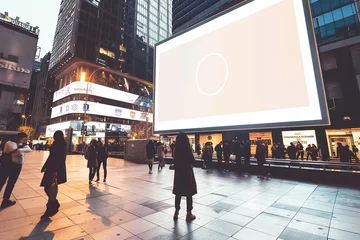 Fotobehang A blank logo mockup on a sleek, digital billboard overlooking a bustling city square. 32k, full ultra hd, high resolution © Annu's Images