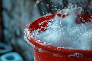 Red bucket with soapy water