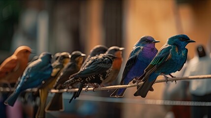 Obraz premium Vibrant Avian Display on Festive Laundry Line Generative AI
