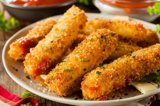 Tasty mozzarella sticks with marinara sauce