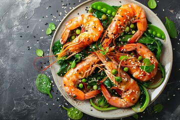 Tasty peeled king prawns with greens and soybeans top view - obrazy, fototapety, plakaty