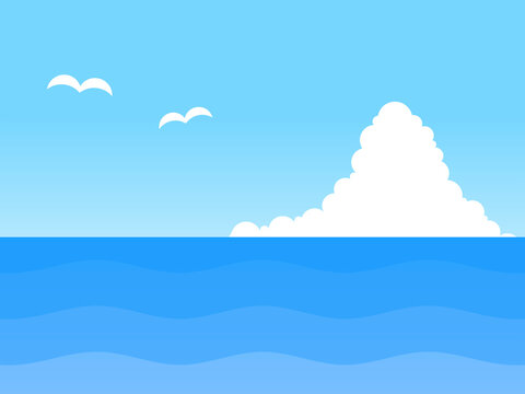 グラデーション空と海とカモメと入道雲背景A：青