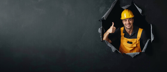 A confident worker in a yellow helmet and vest giving thumbs up, breaking a dark paper-like barrier with a cheerful demeanor