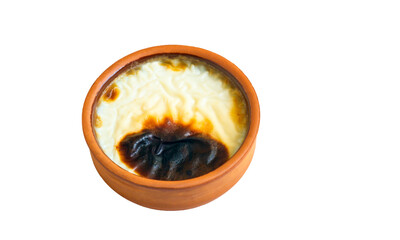 Traditional Turkish Style Baked Rice Pudding in casserole bowl,isolated on white surface with copy space