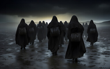 Mystic procession through a barren landscape: A cinematic Star Wars-inspired scene