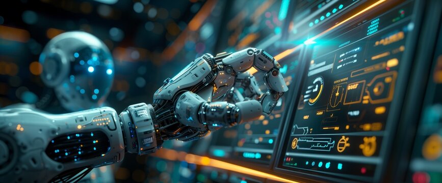 A machine in electric blue is pressing a button on a computer screen