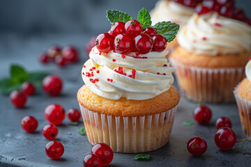 English cupcake with red currant and mint leaf - 782373733
