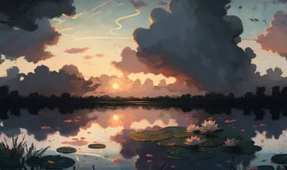 Foto op Canvas Serene Pond Landscape at Sunset Generative AI © AlexandraRooss