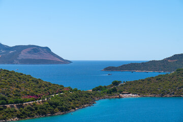 Amazing beautiful landscape on a peninsula on the Mediterranean coast on a sunny clear day, Kas, Turkey