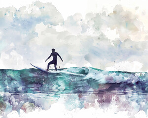 Surfer on a wave. Watercolor painting. Digital illustration.