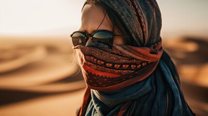 Desert Wanderer Shielding Face from Sandstorm Generative AI - obrazy, fototapety, plakaty