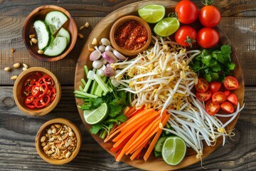 Thai style papaya salad on wooden table top view Thai food concept