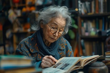 Elderly woman sitting, reading publication in library