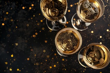 Three champagne glasses on black background with gold decor Top view for festive theme