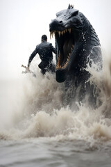 Surreal chase scene: Man flees from massive crocodile emerging from the water