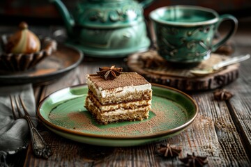 Tiramisu cake presented in rustic setting wooden background green plate