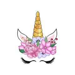 Cute unicorn with floral anemone wreath and gold glitter horn. Vector hand drawn illustration.