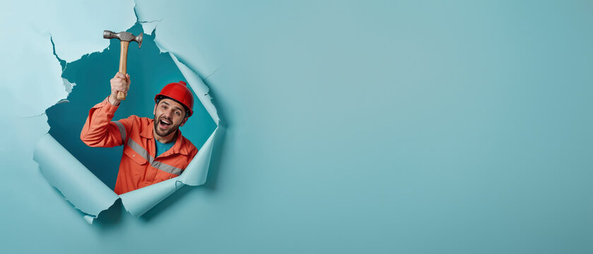 A cheerful construction worker in an orange uniform and red hard hat holds a hammer, peeking through blue paper