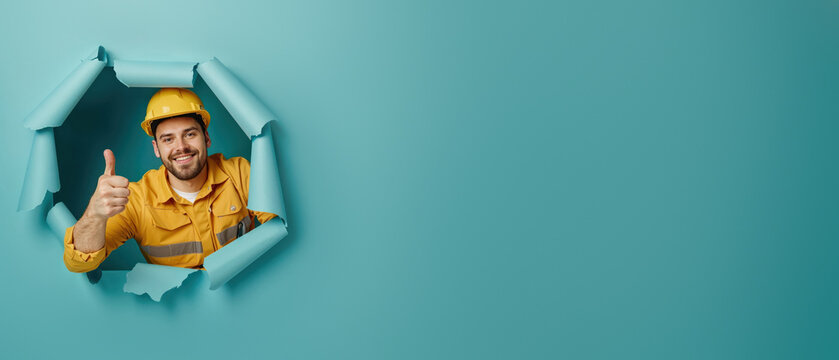 A worker in a yellow hard hat and collar gives a thumbs-up through a torn teal paper background