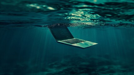 A lone laptop drifts beneath the water's surface, encapsulated by the calm, ethereal depths of an aquatic environment.