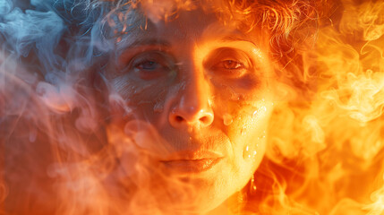 face of a middle-aged woman is covered with drops of sweat in steam, menopause hot flash concept
