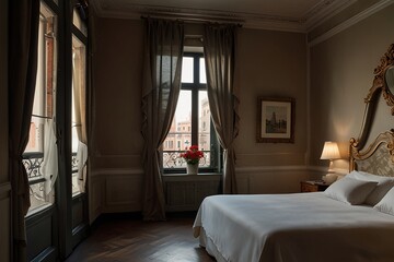 An elegant room with italian Venetian style decor, featuring a window overlooking the winding canal 