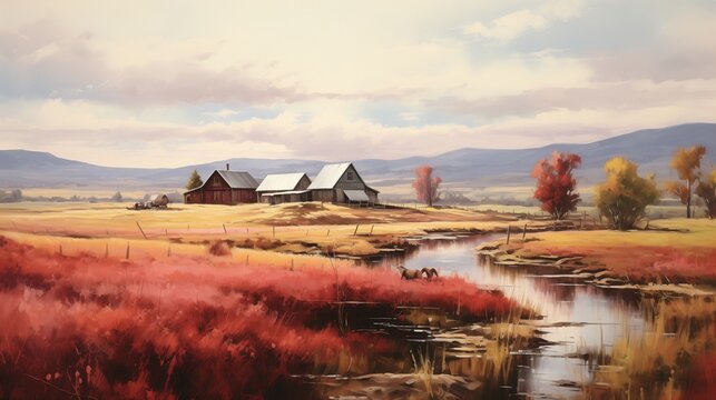 A picturesque countryside scene, where rustic barns stand out against rolling hills painted in hues of ruby and gold.