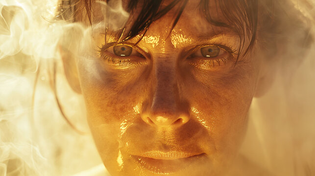 the face of a middle-aged woman is covered with drops of sweat in steam, menopause hot flash concept
